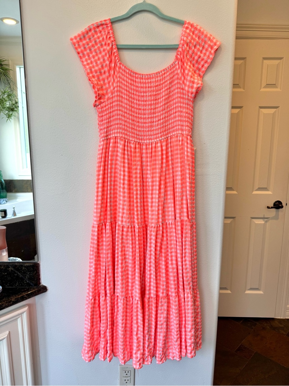 Neon Coral Checkered Smocked Cottagecore Dress Medium